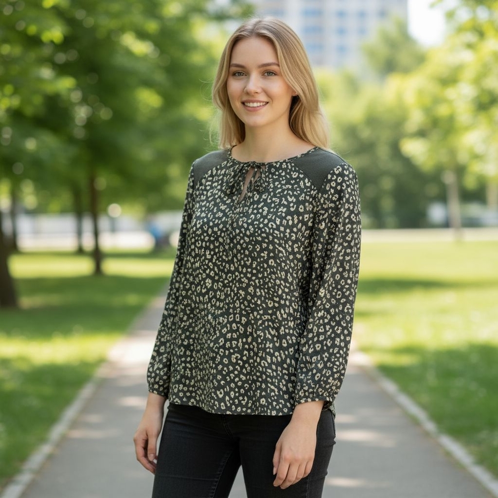 Fortune + Ivy Green Animal Print Blouse